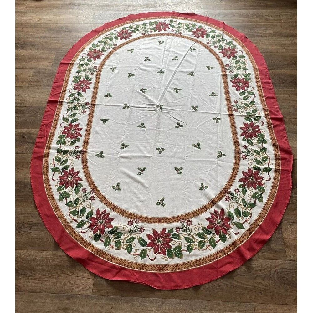 Oval Table Cloth Poinsetta Christmas Holiday Winter Red White vintage MCM READ